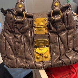 Miu Miu Metallic Gray Shoulder Bag with Gold Accents